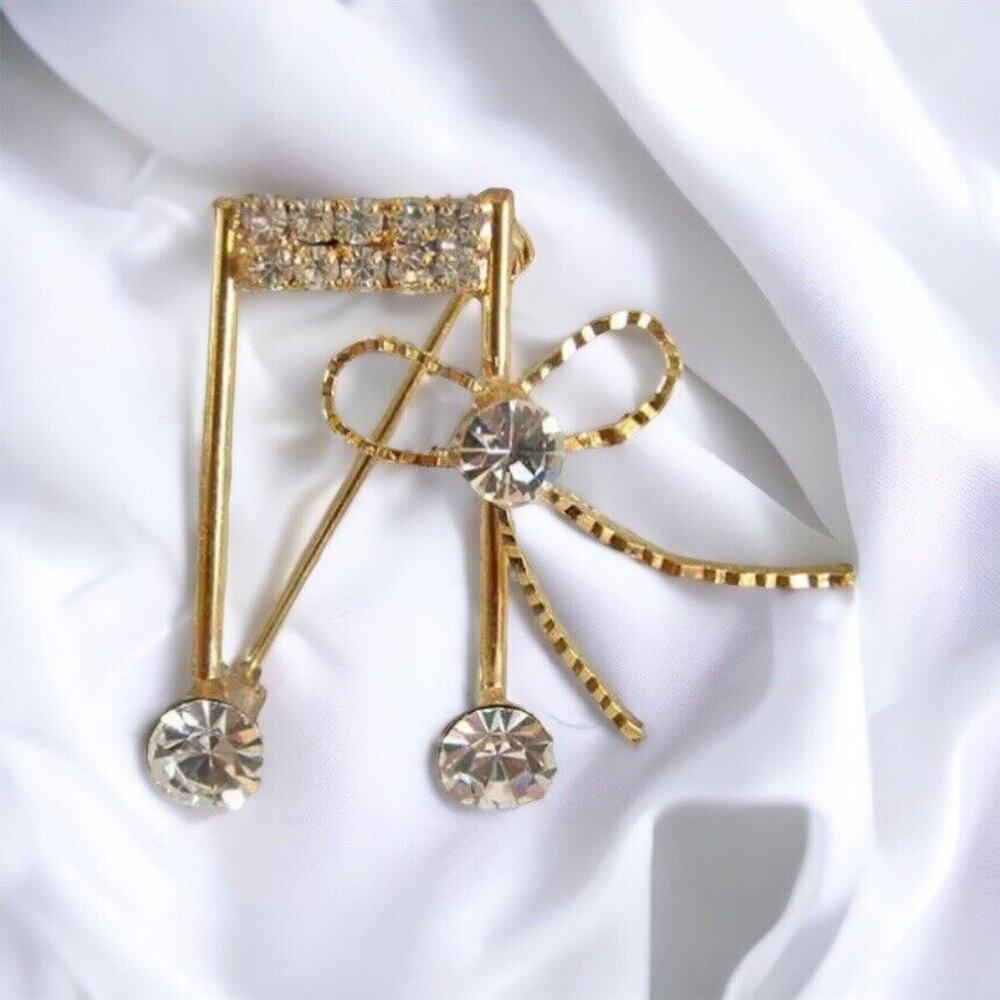 New Handcrafted Gold Rhinestone Crystal Musician Musical Notes & Bow Pin Brooch